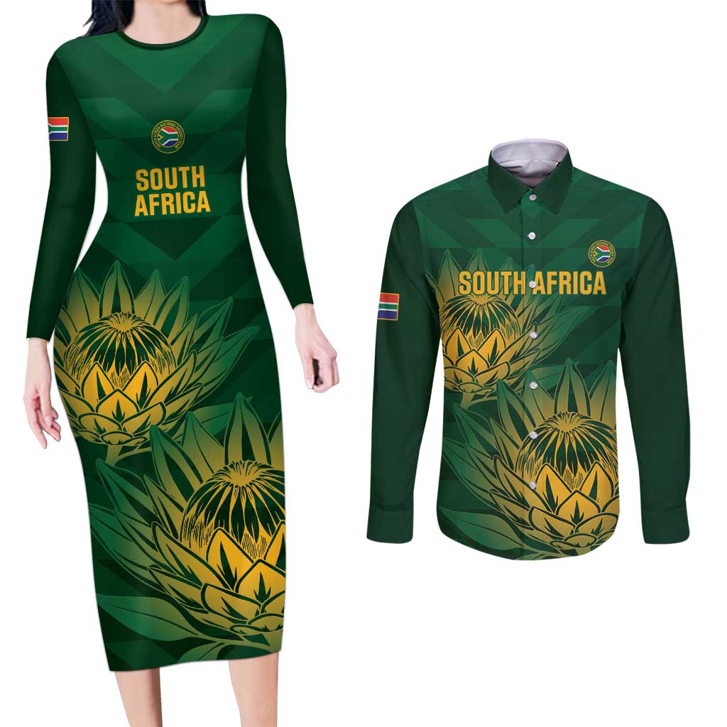 Custom South Africa Cricket Couples Matching Long Sleeve Bodycon Dress and Long Sleeve Button Shirt Go Champions Proteas - Wonder Print Shop