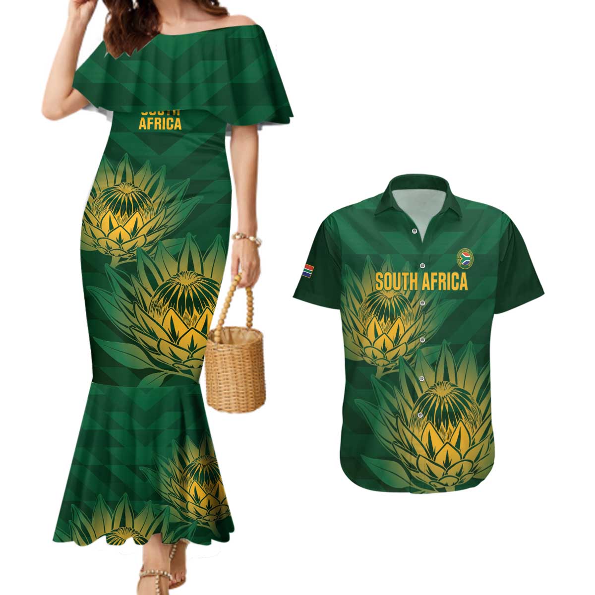 Custom South Africa Cricket Couples Matching Mermaid Dress and Hawaiian Shirt Go Champions Proteas - Wonder Print Shop