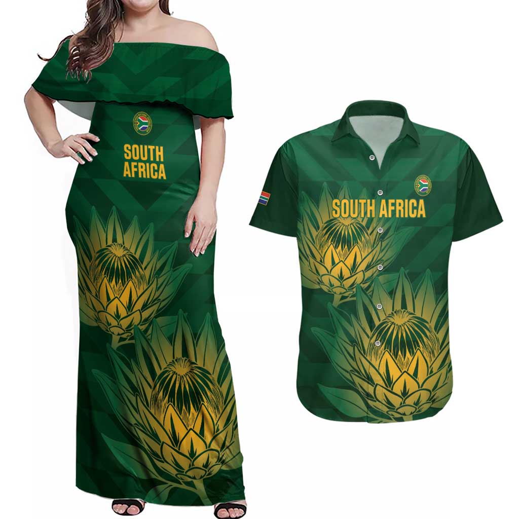 Custom South Africa Cricket Couples Matching Off Shoulder Maxi Dress and Hawaiian Shirt Go Champions Proteas - Wonder Print Shop