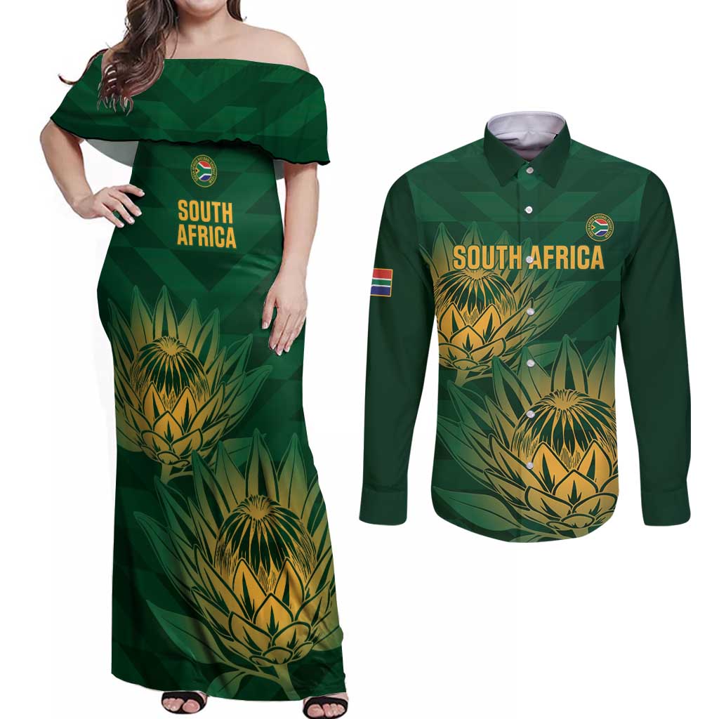 Custom South Africa Cricket Couples Matching Off Shoulder Maxi Dress and Long Sleeve Button Shirt Go Champions Proteas - Wonder Print Shop