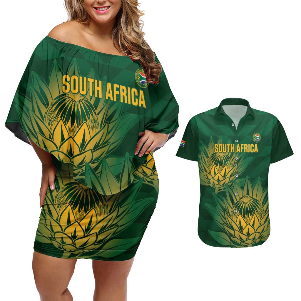 Custom South Africa Cricket Couples Matching Off Shoulder Short Dress and Hawaiian Shirt Go Champions Proteas - Wonder Print Shop