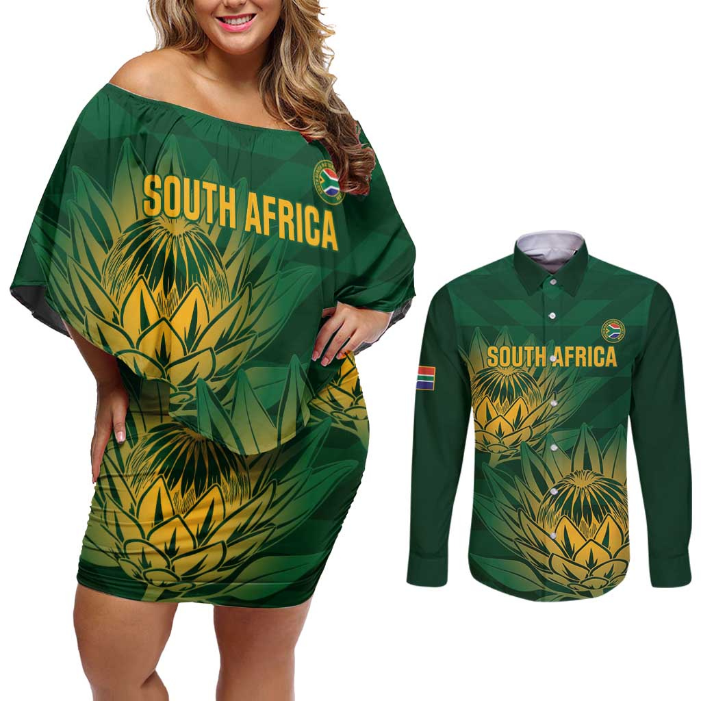 Custom South Africa Cricket Couples Matching Off Shoulder Short Dress and Long Sleeve Button Shirt Go Champions Proteas - Wonder Print Shop