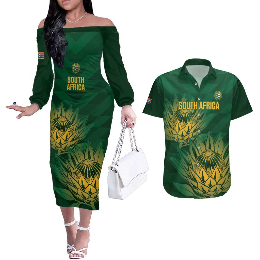 Custom South Africa Cricket Couples Matching Off The Shoulder Long Sleeve Dress and Hawaiian Shirt Go Champions Proteas - Wonder Print Shop