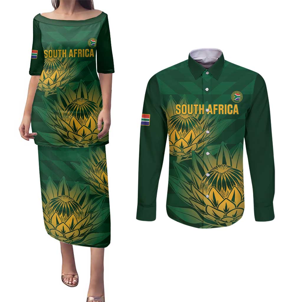 Custom South Africa Cricket Couples Matching Puletasi and Long Sleeve Button Shirt Go Champions Proteas - Wonder Print Shop