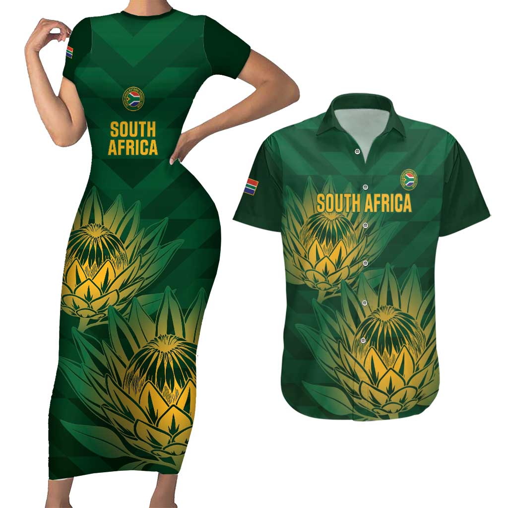 Custom South Africa Cricket Couples Matching Short Sleeve Bodycon Dress and Hawaiian Shirt Go Champions Proteas - Wonder Print Shop