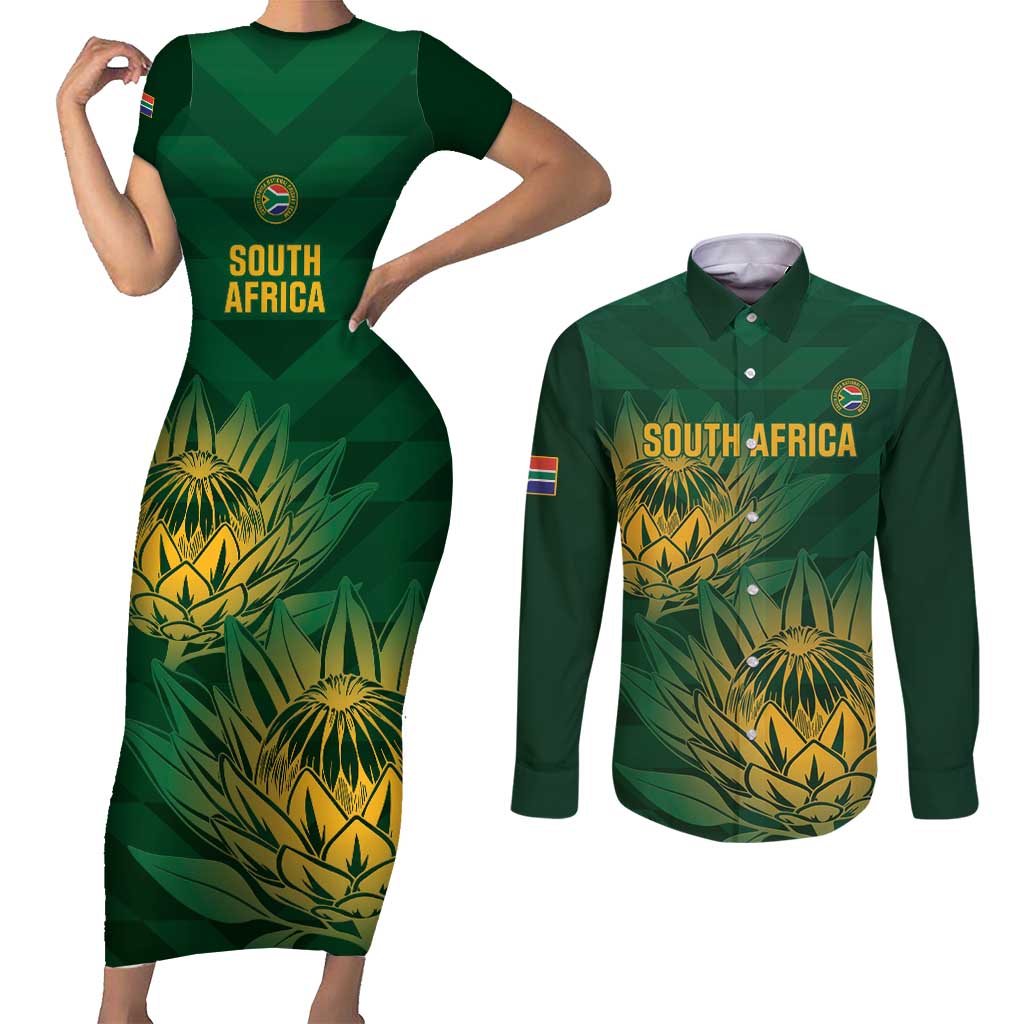 Custom South Africa Cricket Couples Matching Short Sleeve Bodycon Dress and Long Sleeve Button Shirt Go Champions Proteas - Wonder Print Shop