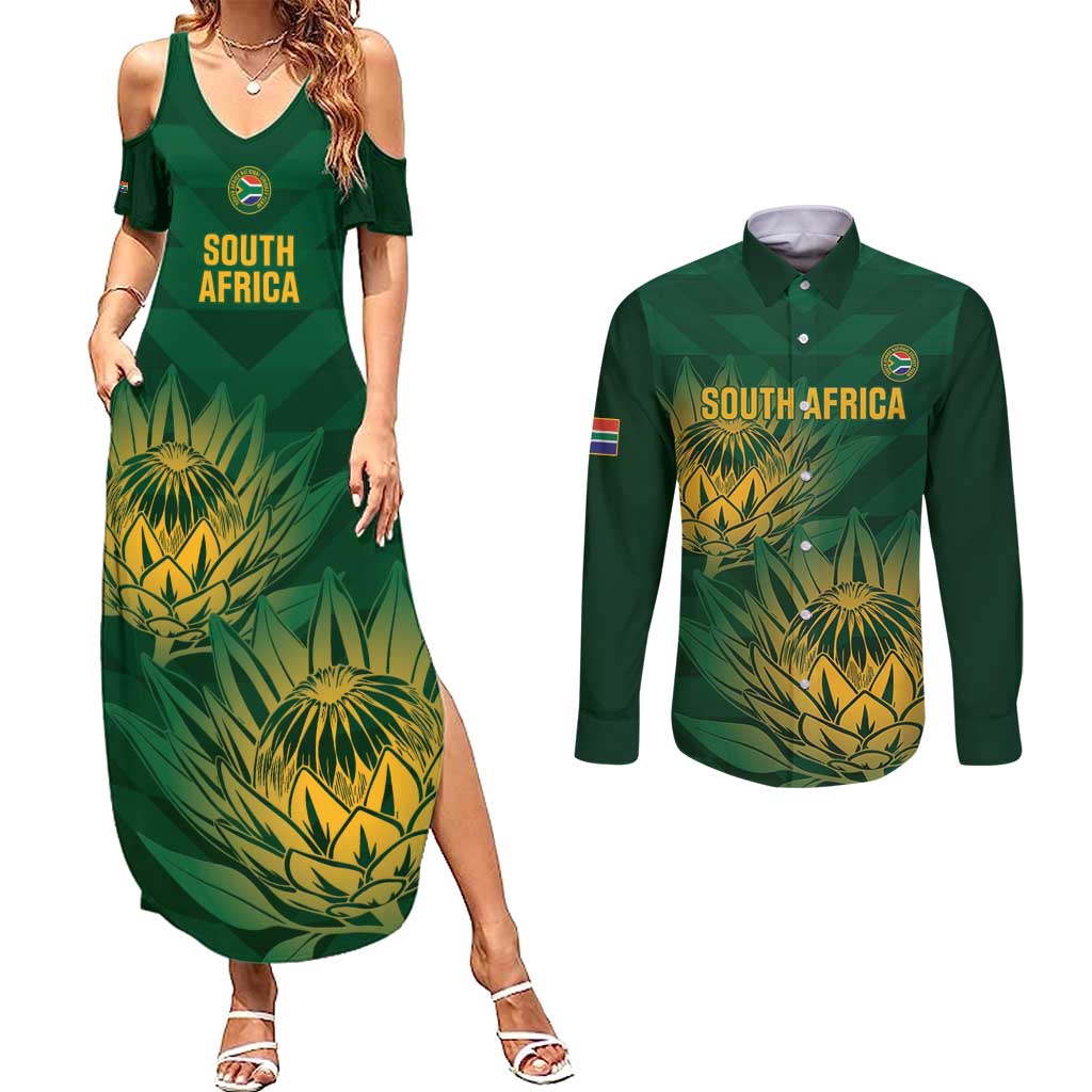 Custom South Africa Cricket Couples Matching Summer Maxi Dress and Long Sleeve Button Shirt Go Champions Proteas - Wonder Print Shop