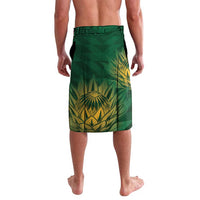 Green leaf-pattern lavalava shorts with elastic waistband, yellow botanical print