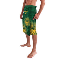 Green printed lavalava shorts with elastic waistband and custom text 14, side view