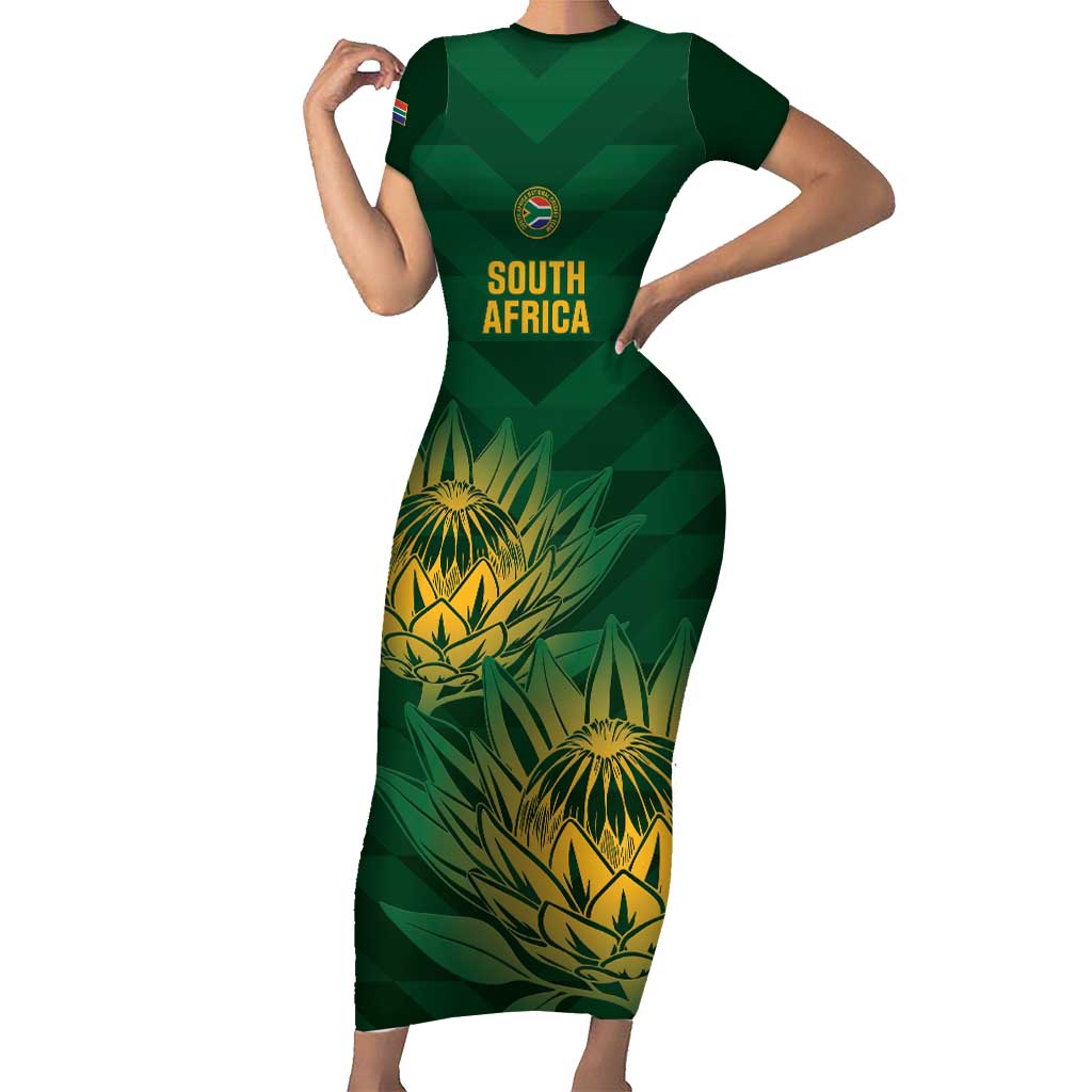 Custom South Africa Cricket Short Sleeve Bodycon Dress Go Champions Proteas - Wonder Print Shop