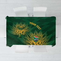 Green cricket-themed tablecloth with gold crest, foliage, and customizable text panel.