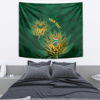 Green cricket wall tapestry featuring gold protea emblem and “YOUR TEXT” in yellow