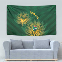 Green cricket tapestry showing gold protea emblem and yellow “YOUR TEXT” text