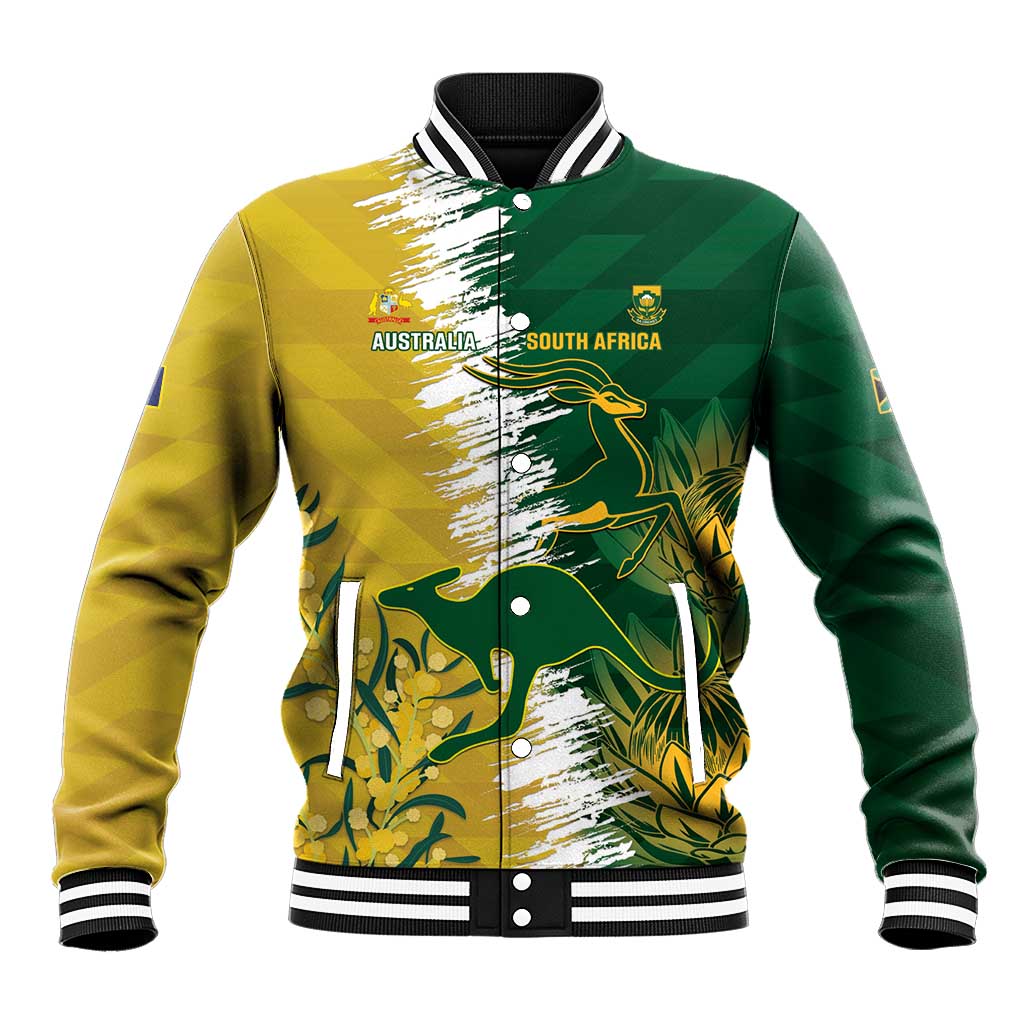 Green and gold baseball jacket with striped ribbed collar, button front, cricket team graphic