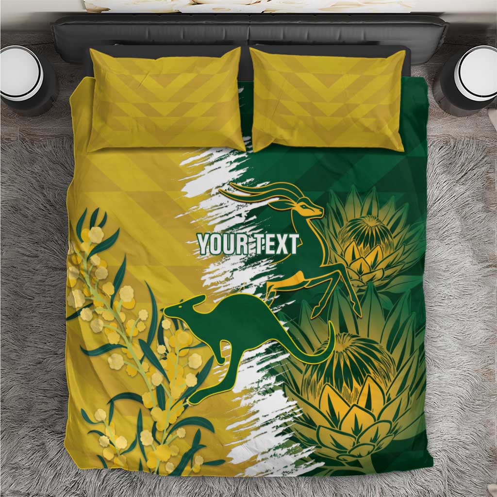 Green and yellow cricket bedding set with kangaroo graphic, floral leaves, and two pillows