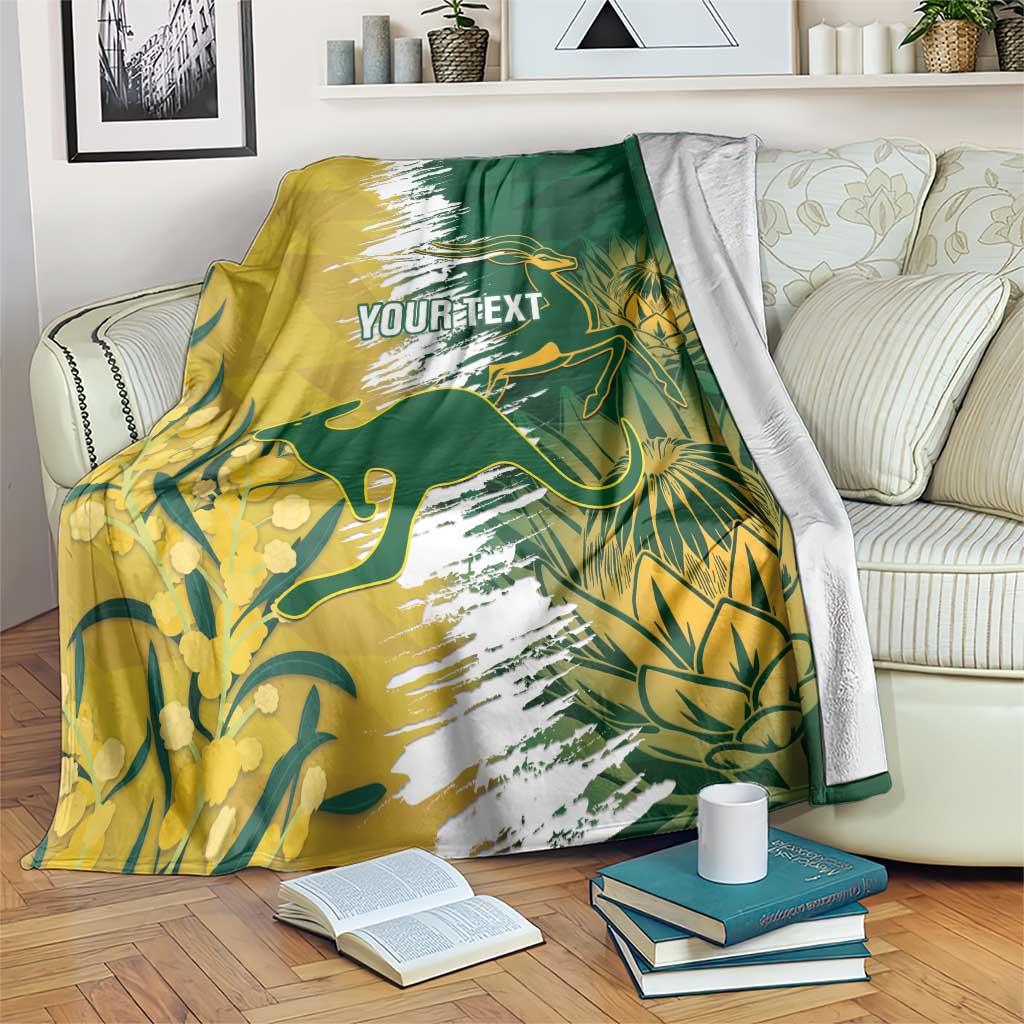 Custom cricket blanket, green and yellow kangaroo & springbok design with YOURTEXT