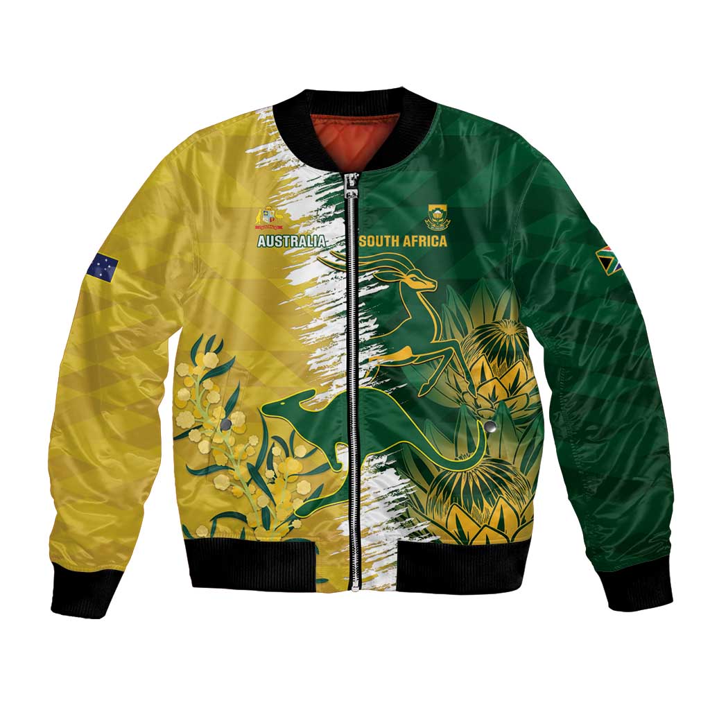 Green and yellow cricket bomber jacket with full-zip, ribbed cuffs, and dual-country graphics