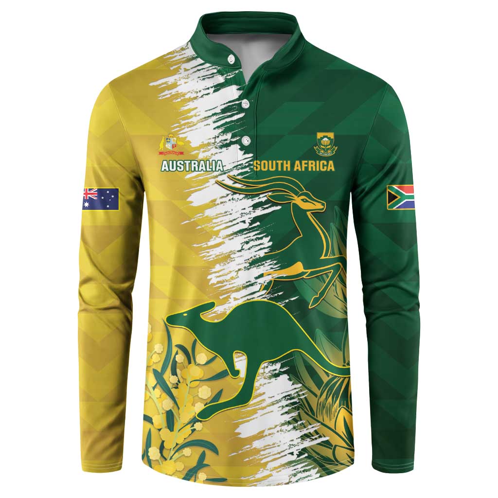 Green and yellow cricket button sweatshirt with front graphic, kangaroo, AUSTRALIA vs SOUTH AFRICA