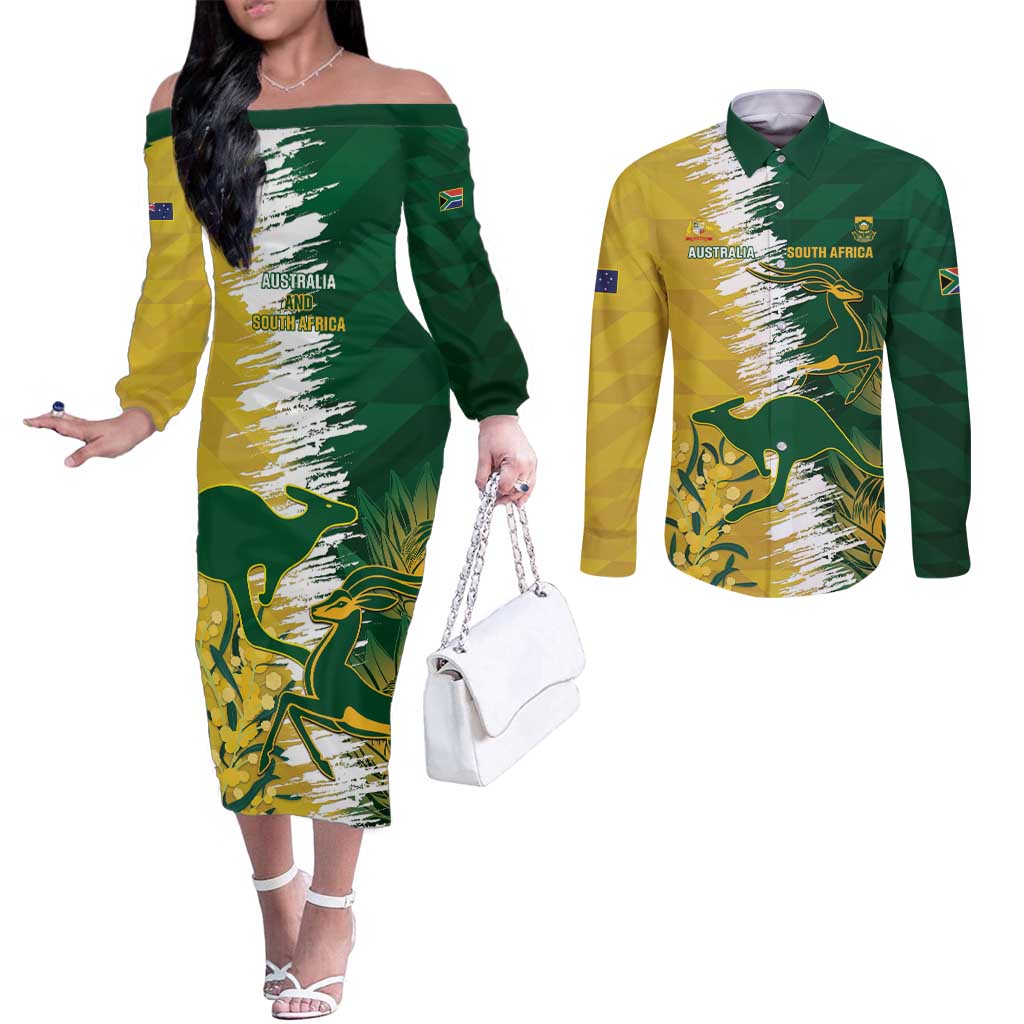 Custom Australia And South Africa Cricket Couples Matching Off The Shoulder Long Sleeve Dress and Long Sleeve Button Shirt Aussies Proteas Together