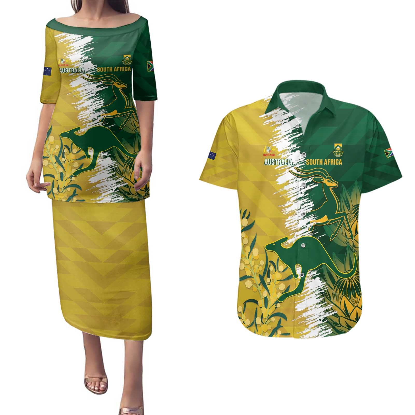 Custom Australia And South Africa Cricket Couples Matching Puletasi and Hawaiian Shirt Aussies Proteas Together - Wonder Print Shop