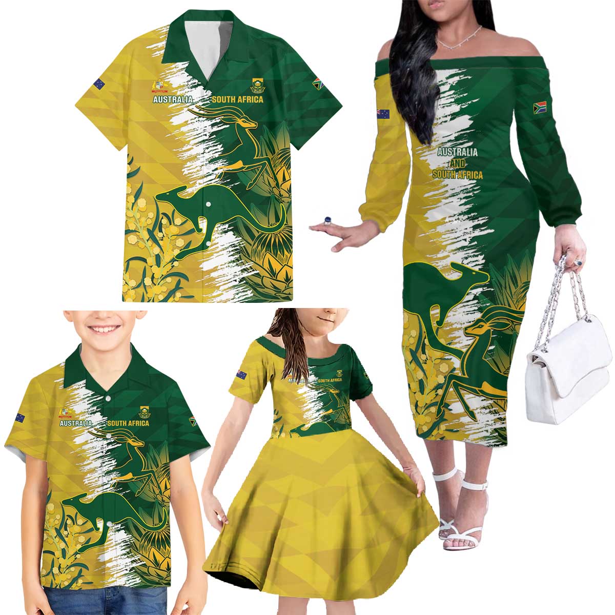 Custom Australia And South Africa Cricket Family Matching Off The Shoulder Long Sleeve Dress and Hawaiian Shirt Aussies Proteas Together - Wonder Print Shop