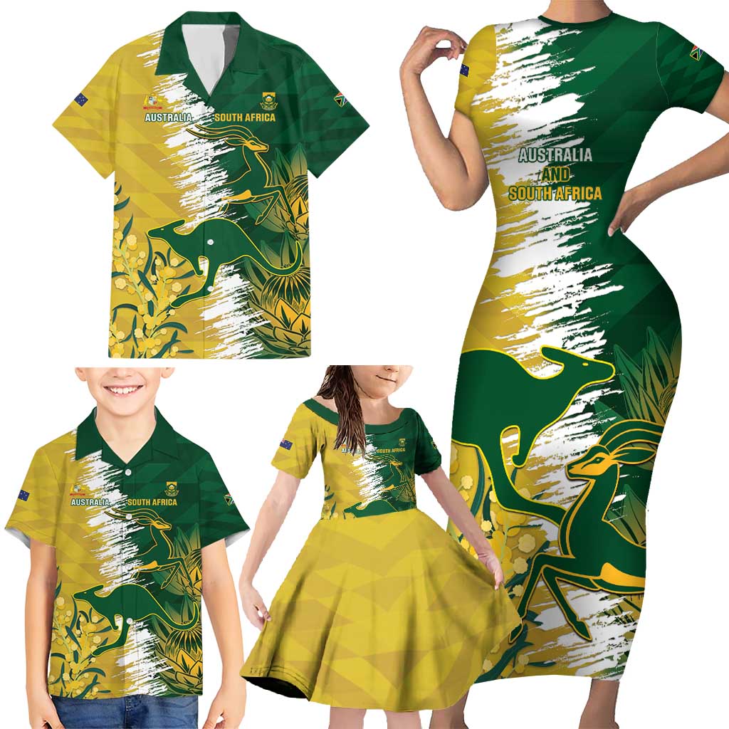 Custom Australia And South Africa Cricket Family Matching Short Sleeve Bodycon Dress and Hawaiian Shirt Aussies Proteas Together - Wonder Print Shop