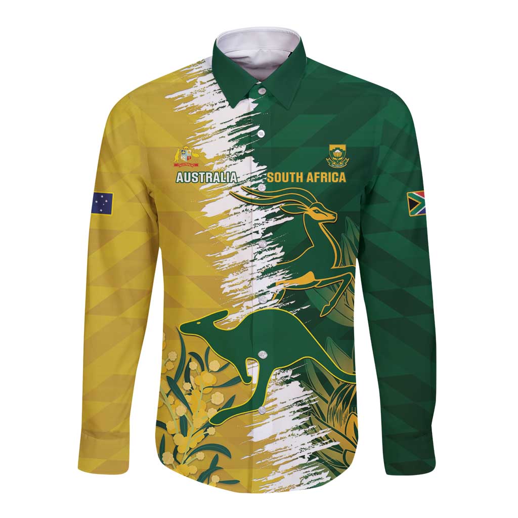 Green and gold long-sleeve cricket button-up shirt with front logo graphics
