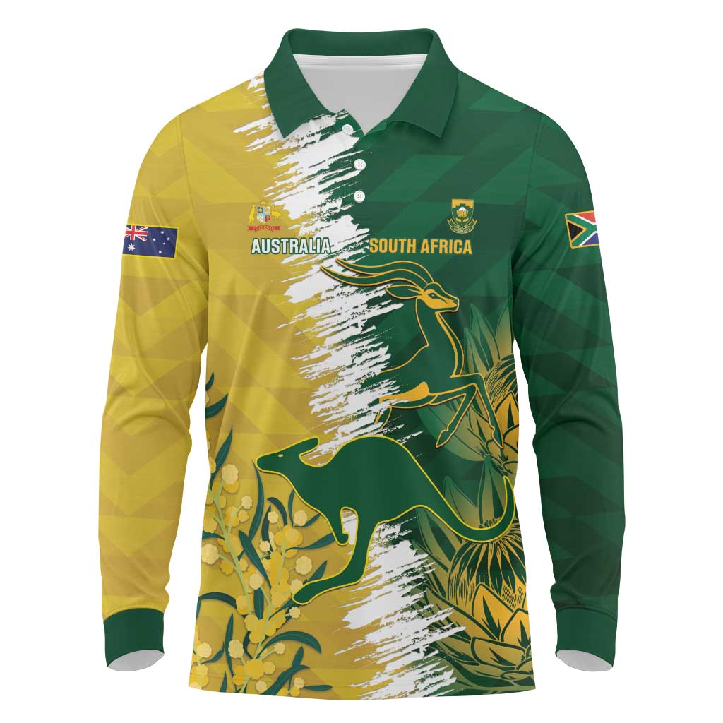 Custom Australia And South Africa Cricket Long Sleeve Polo Shirt Aussies Proteas Together - Wonder Print Shop