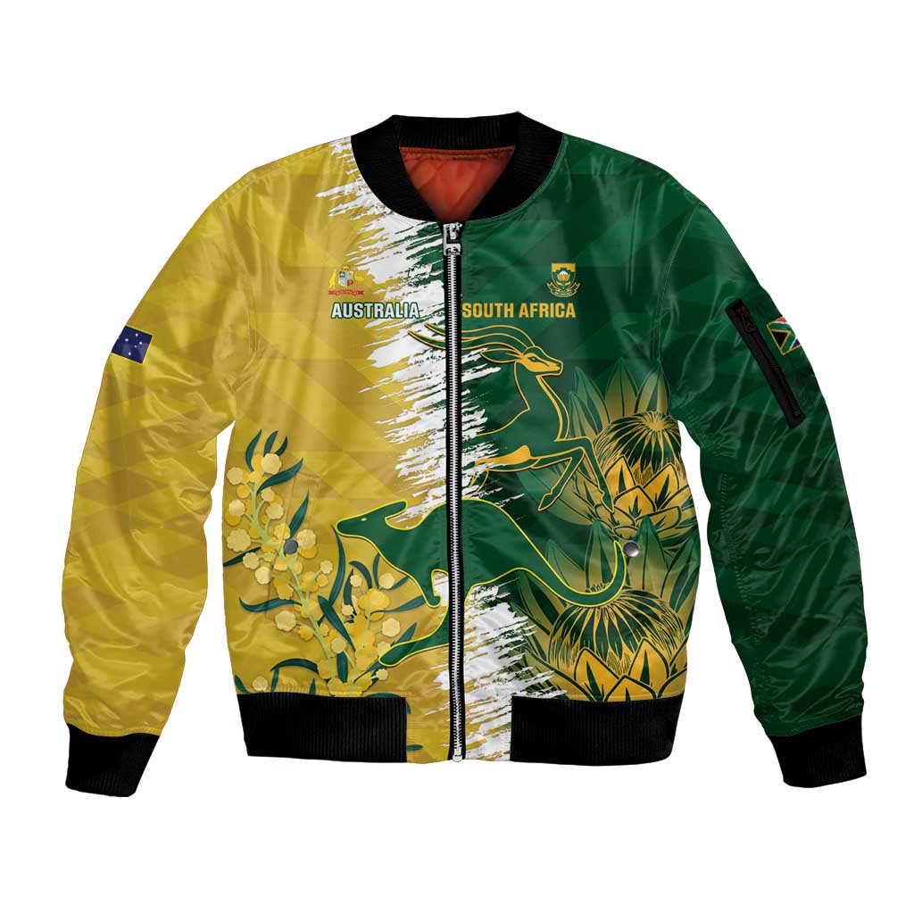 Custom Australia And South Africa Cricket Sleeve Zip Bomber Jacket Aussies Proteas Together