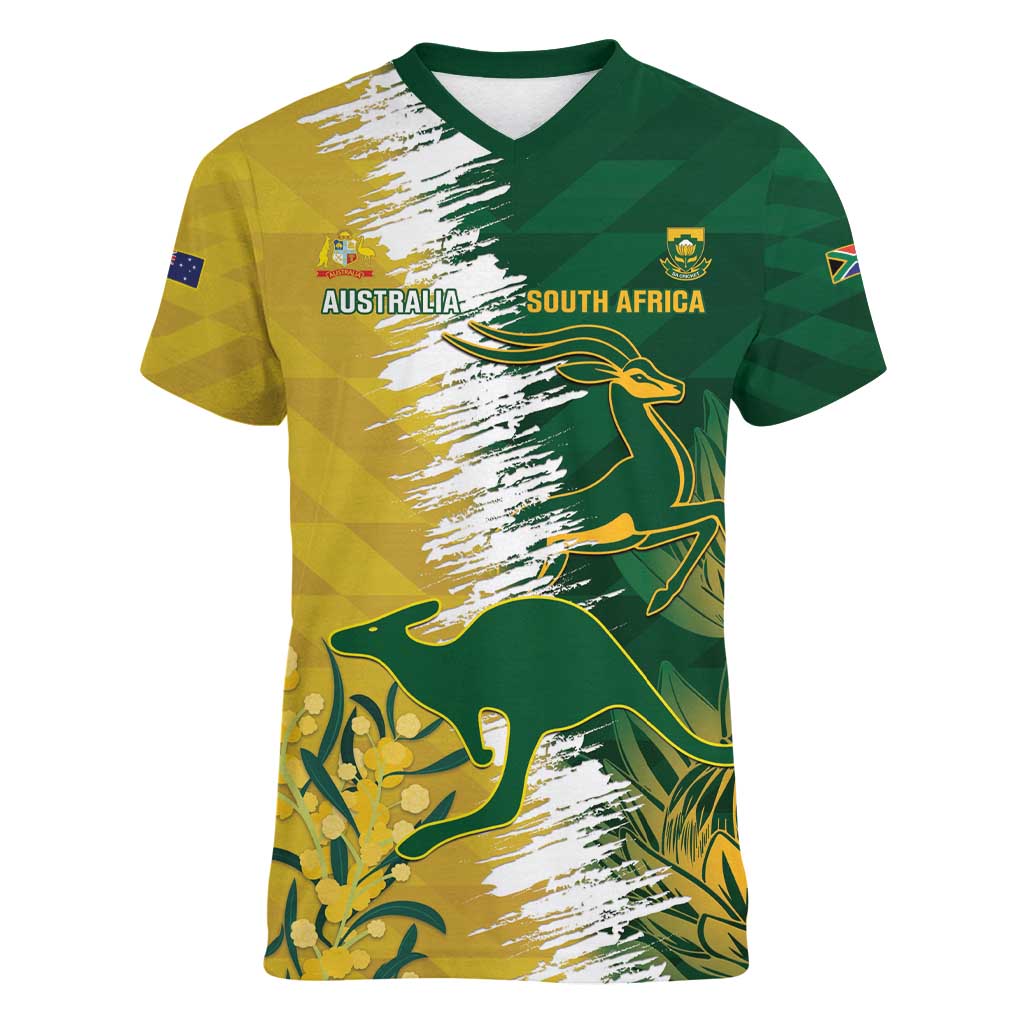 Custom Australia And South Africa Cricket Women V-Neck T-Shirt Aussies Proteas Together