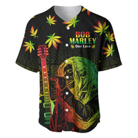 Black baseball jersey with Bob Marley graphic, guitars, and leaf pattern in green and yellow
