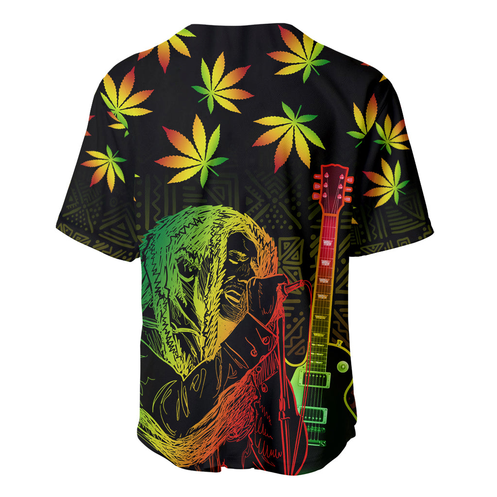 Black baseball jersey back with Bob Marley portrait, guitars, and yellow-green leaf print