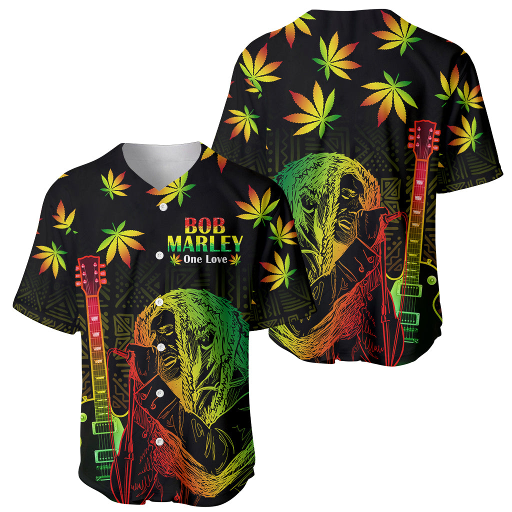 Black baseball jerseys set with Bob Marley portrait, guitars, and yellow-green leaf pattern