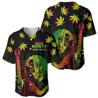 Black baseball jerseys set with Bob Marley portrait, guitars, and yellow-green leaf pattern
