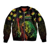 Unisex black bomber jacket with reggae leaf print and front zipper, lion and guitars