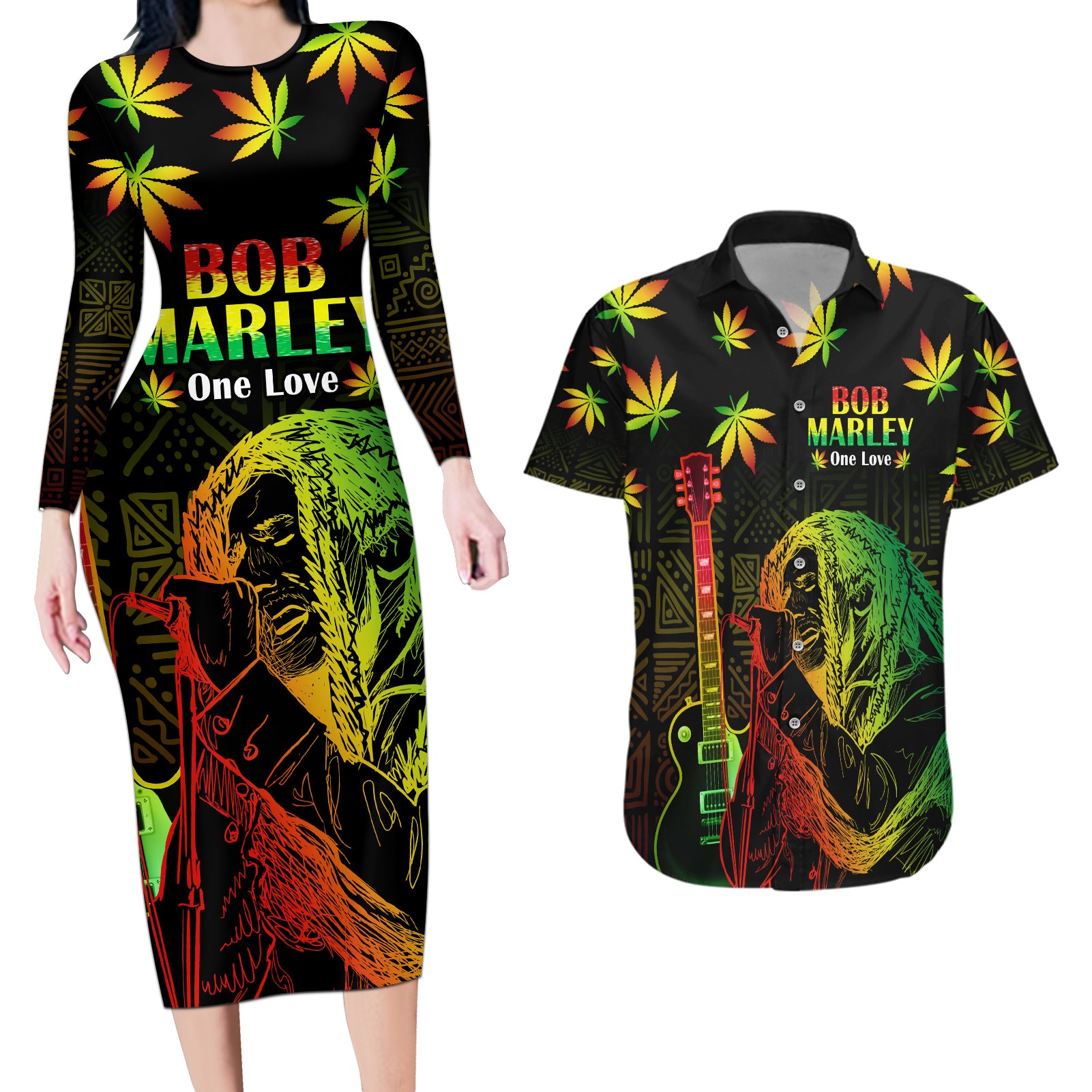 Jamaica Bob Marley Day Couples Matching Long Sleeve Bodycon Dress and Hawaiian Shirt One Love Jamaican Reggae African Pattern