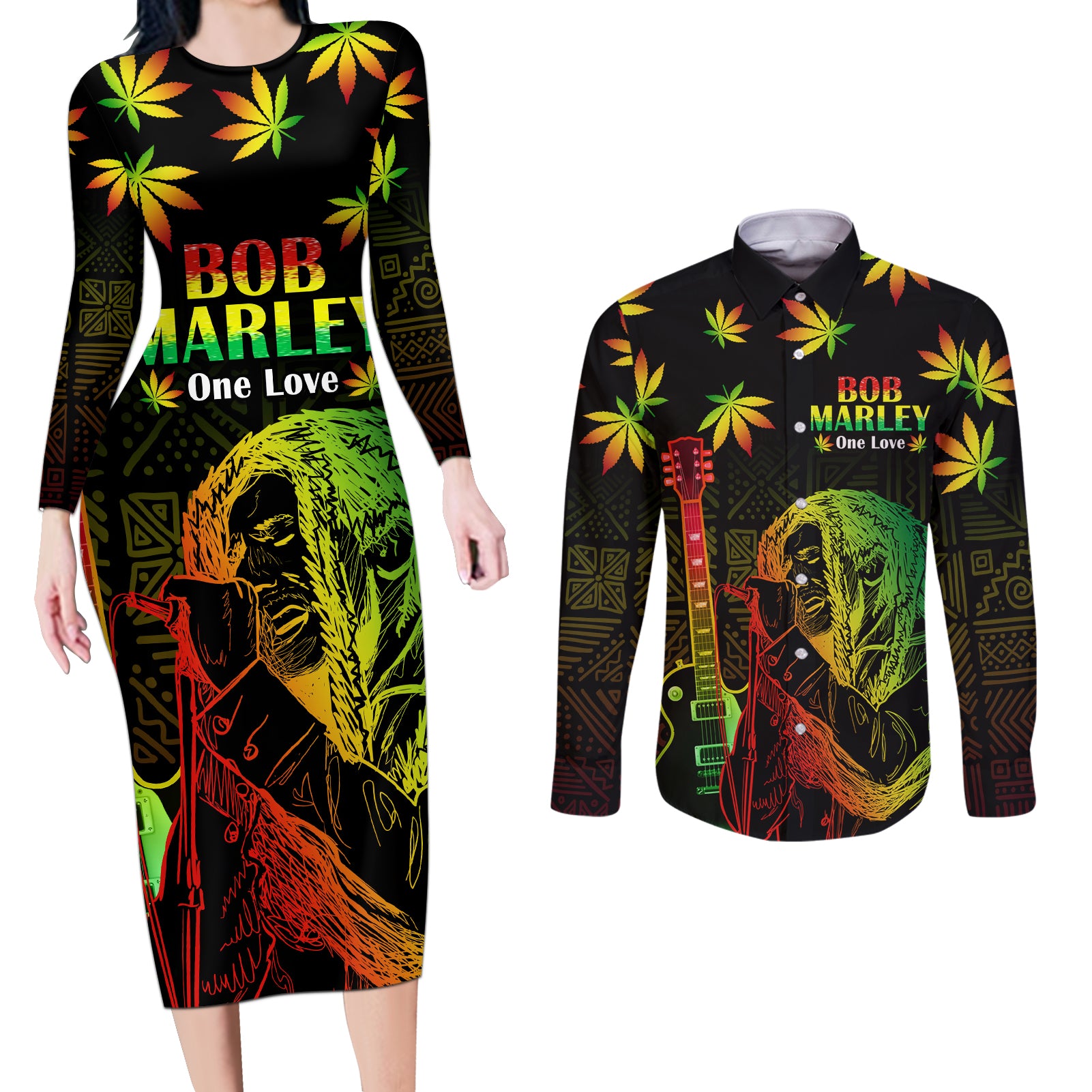 Jamaica Bob Marley Day Couples Matching Long Sleeve Bodycon Dress and Long Sleeve Button Shirt One Love Jamaican Reggae African Pattern