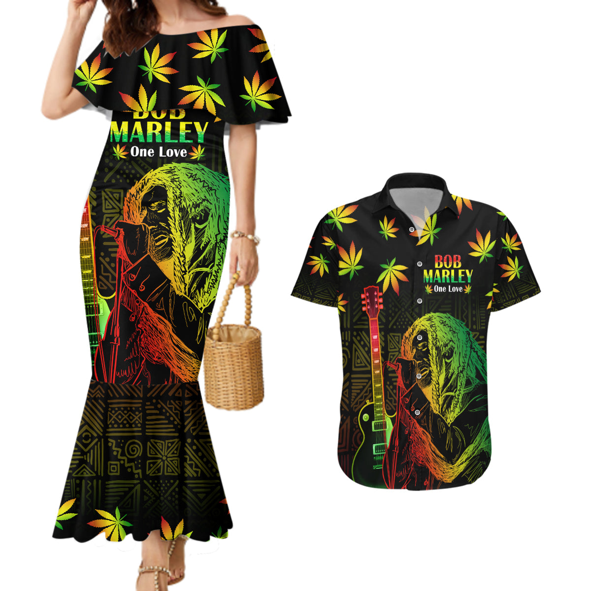 Jamaica Bob Marley Day Couples Matching Mermaid Dress and Hawaiian Shirt One Love Jamaican Reggae African Pattern