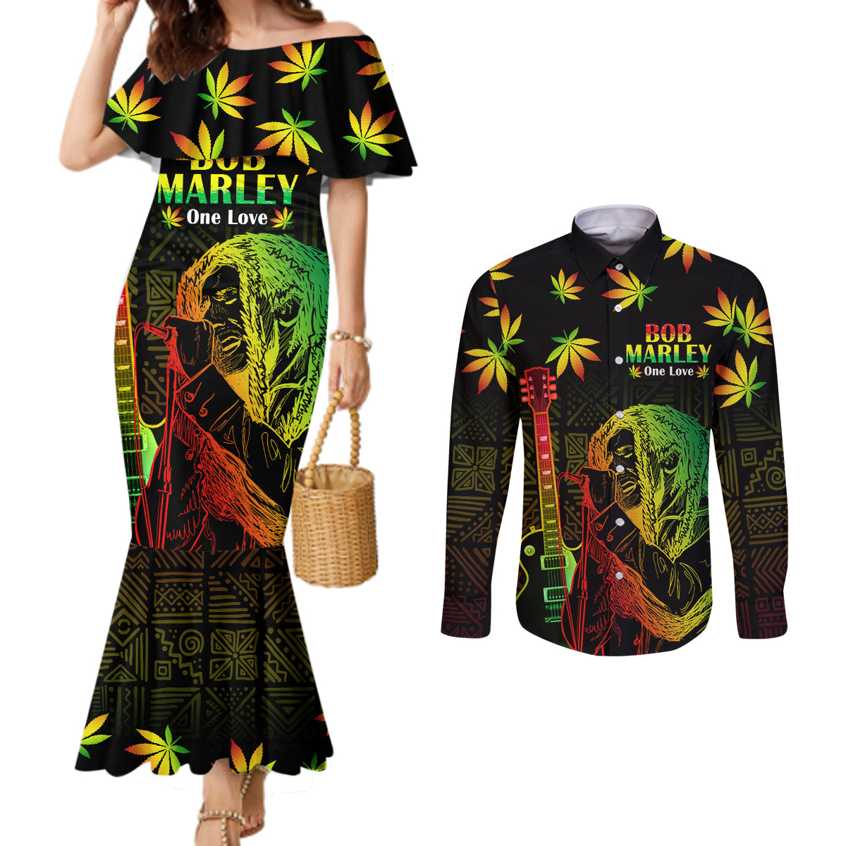 Jamaica Bob Marley Day Couples Matching Mermaid Dress and Long Sleeve Button Shirt One Love Jamaican Reggae African Pattern