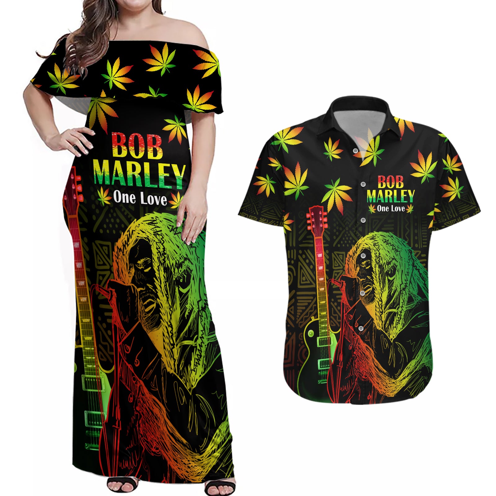 Jamaica Bob Marley Day Couples Matching Off Shoulder Maxi Dress and Hawaiian Shirt One Love Jamaican Reggae African Pattern