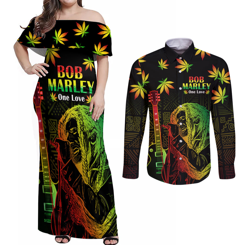 Jamaica Bob Marley Day Couples Matching Off Shoulder Maxi Dress and Long Sleeve Button Shirt One Love Jamaican Reggae African Pattern