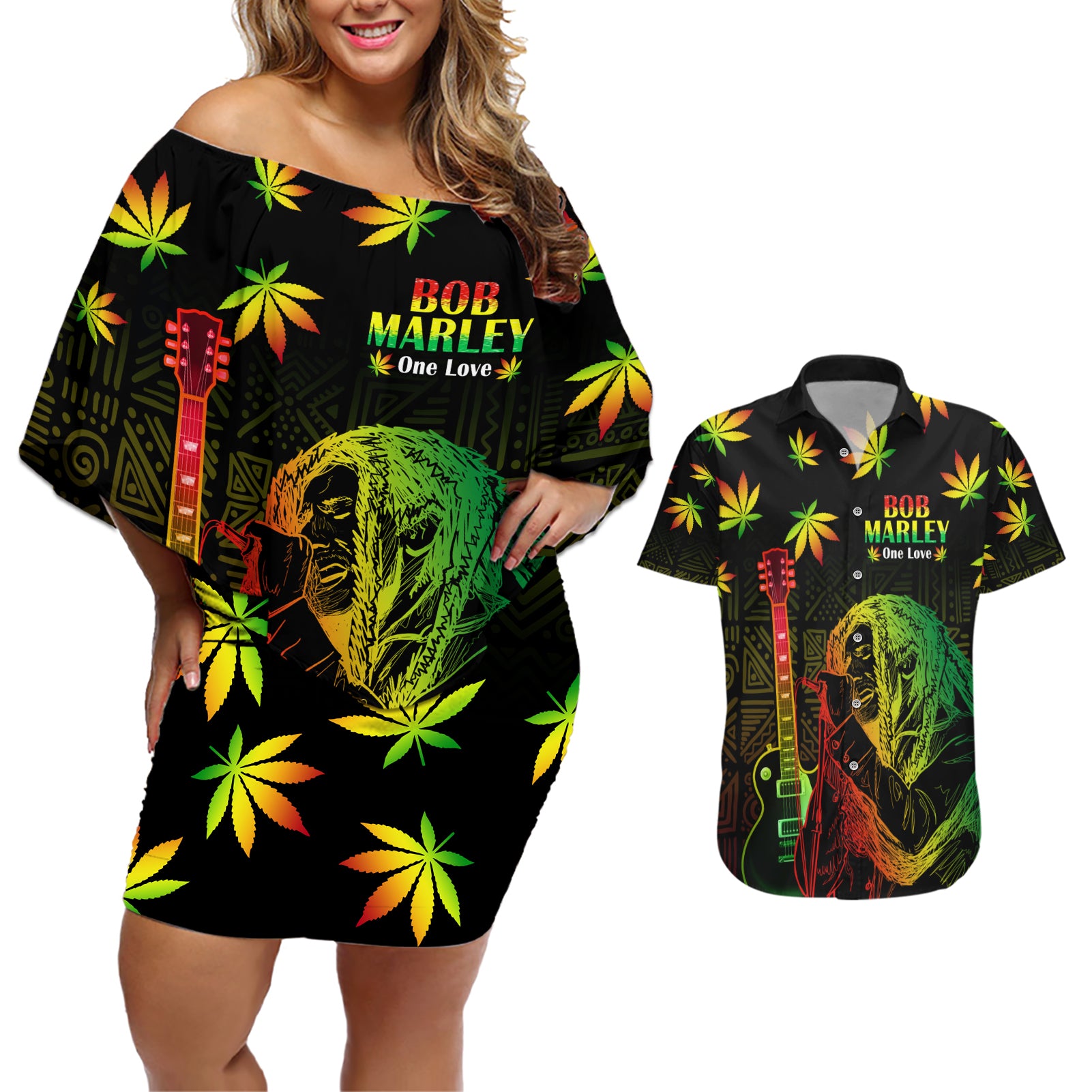 Jamaica Bob Marley Day Couples Matching Off Shoulder Short Dress and Hawaiian Shirt One Love Jamaican Reggae African Pattern