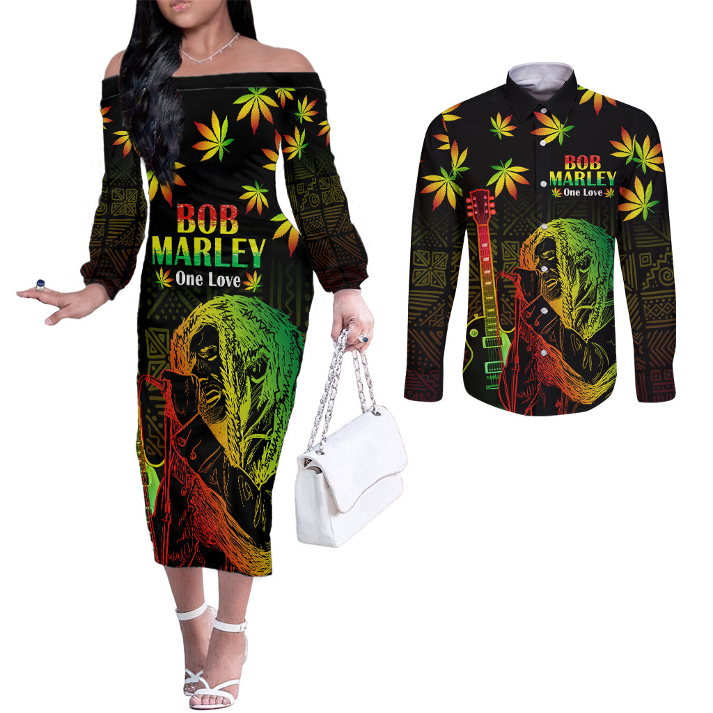 Jamaica Bob Marley Day Couples Matching Off The Shoulder Long Sleeve Dress and Long Sleeve Button Shirt One Love Jamaican Reggae African Pattern