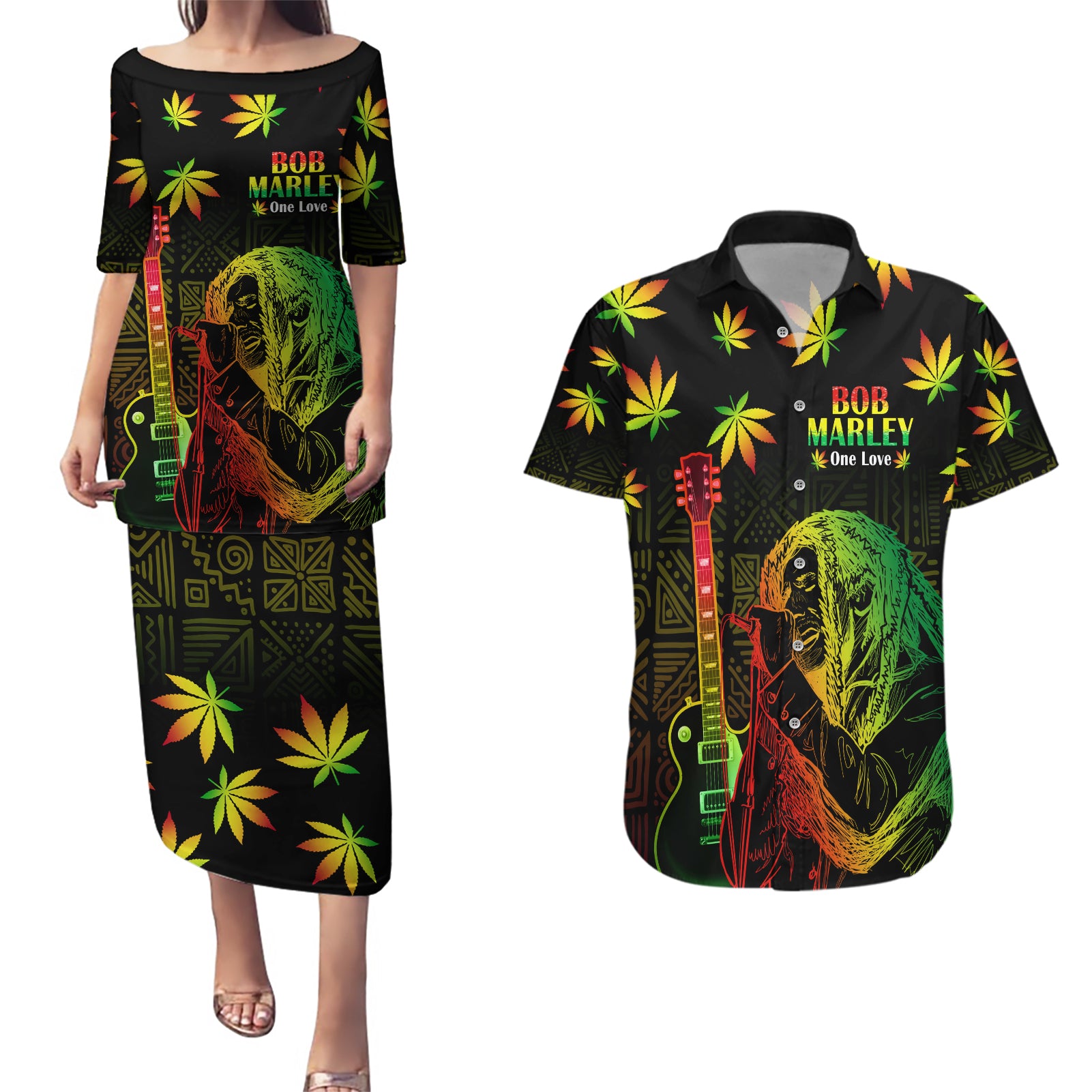 Jamaica Bob Marley Day Couples Matching Puletasi and Hawaiian Shirt One Love Jamaican Reggae African Pattern