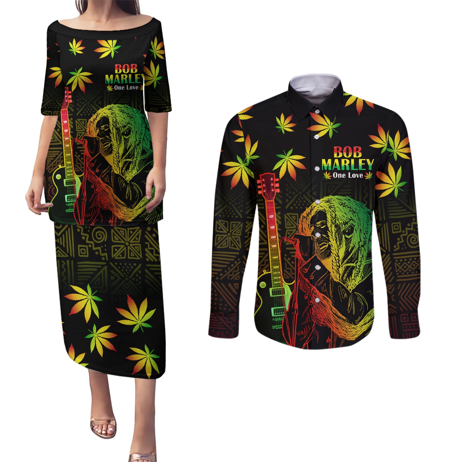 Jamaica Bob Marley Day Couples Matching Puletasi and Long Sleeve Button Shirt One Love Jamaican Reggae African Pattern