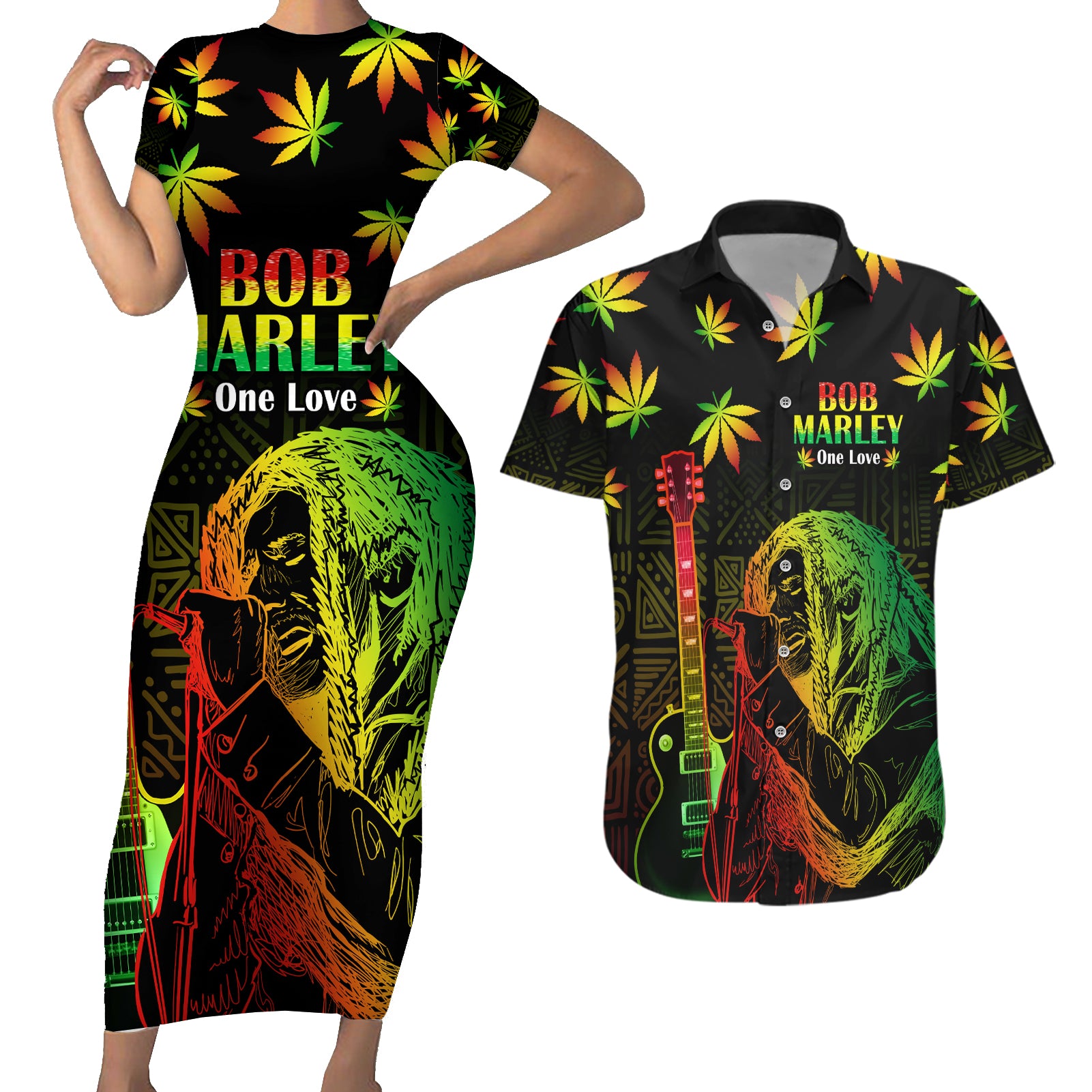 Jamaica Bob Marley Day Couples Matching Short Sleeve Bodycon Dress and Hawaiian Shirt One Love Jamaican Reggae African Pattern