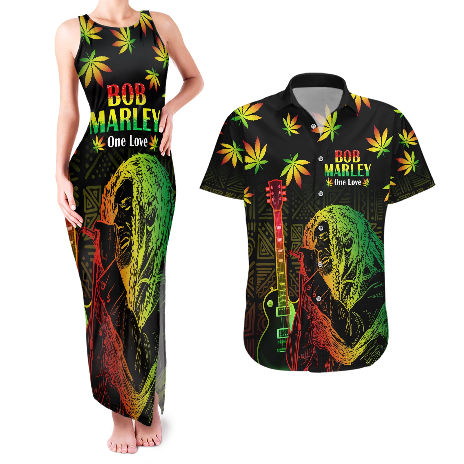 Jamaica Bob Marley Day Couples Matching Tank Maxi Dress and Hawaiian Shirt One Love Jamaican Reggae African Pattern