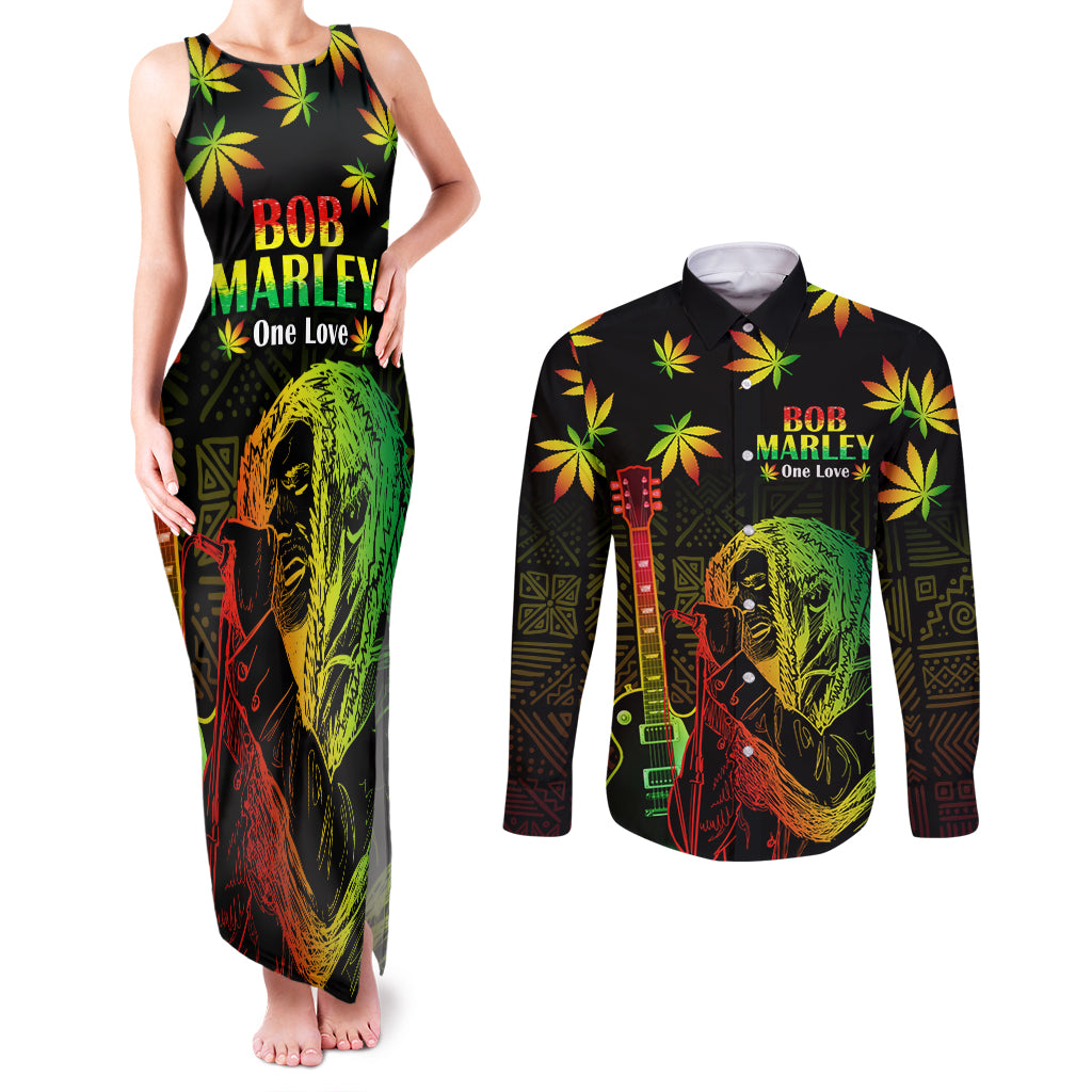 Jamaica Bob Marley Day Couples Matching Tank Maxi Dress and Long Sleeve Button Shirt One Love Jamaican Reggae African Pattern