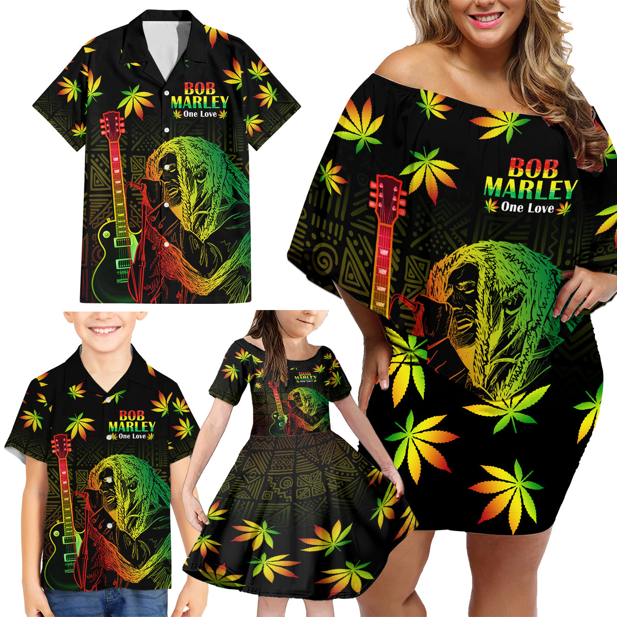 Jamaica Bob Marley Day Family Matching Off Shoulder Short Dress and Hawaiian Shirt One Love Jamaican Reggae African Pattern