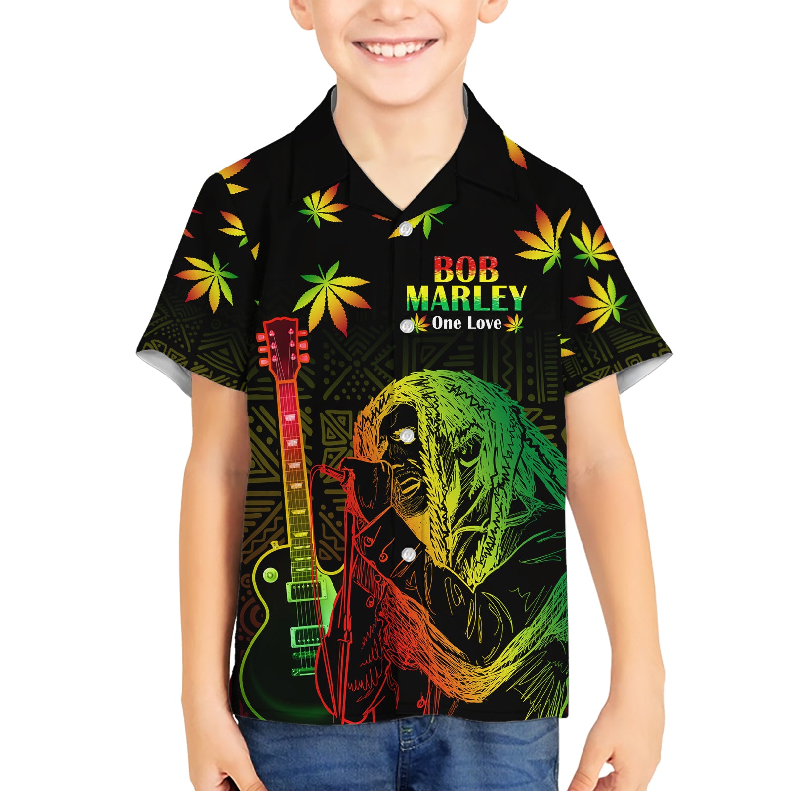 Jamaica Bob Marley Day Kid Hawaiian Shirt One Love Jamaican Reggae African Pattern